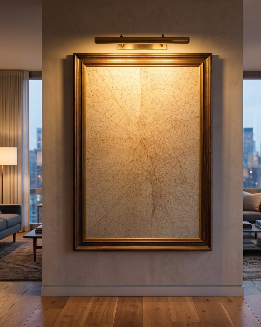 A large framed eggshell-lacquer mural, lit, on a wall in a city apartment