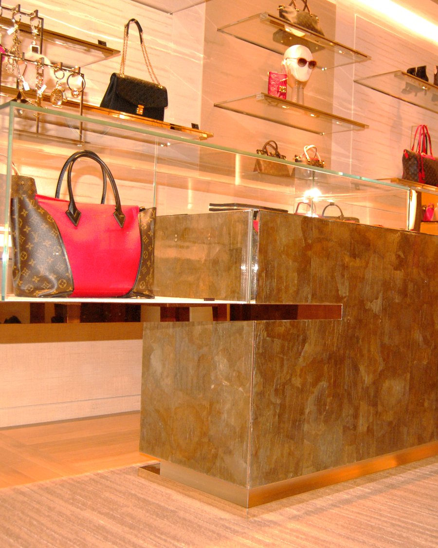 A gold mica display counter in Louis Vuitton's Avenue Montaigne store in Paris