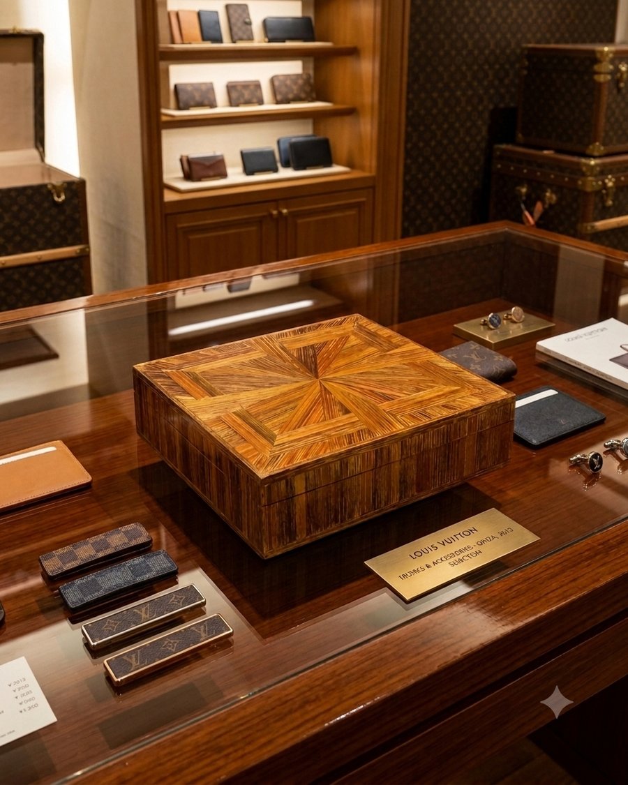 A cigar box veneered in gold-dust straw marquetry on display at Louis Vuitton