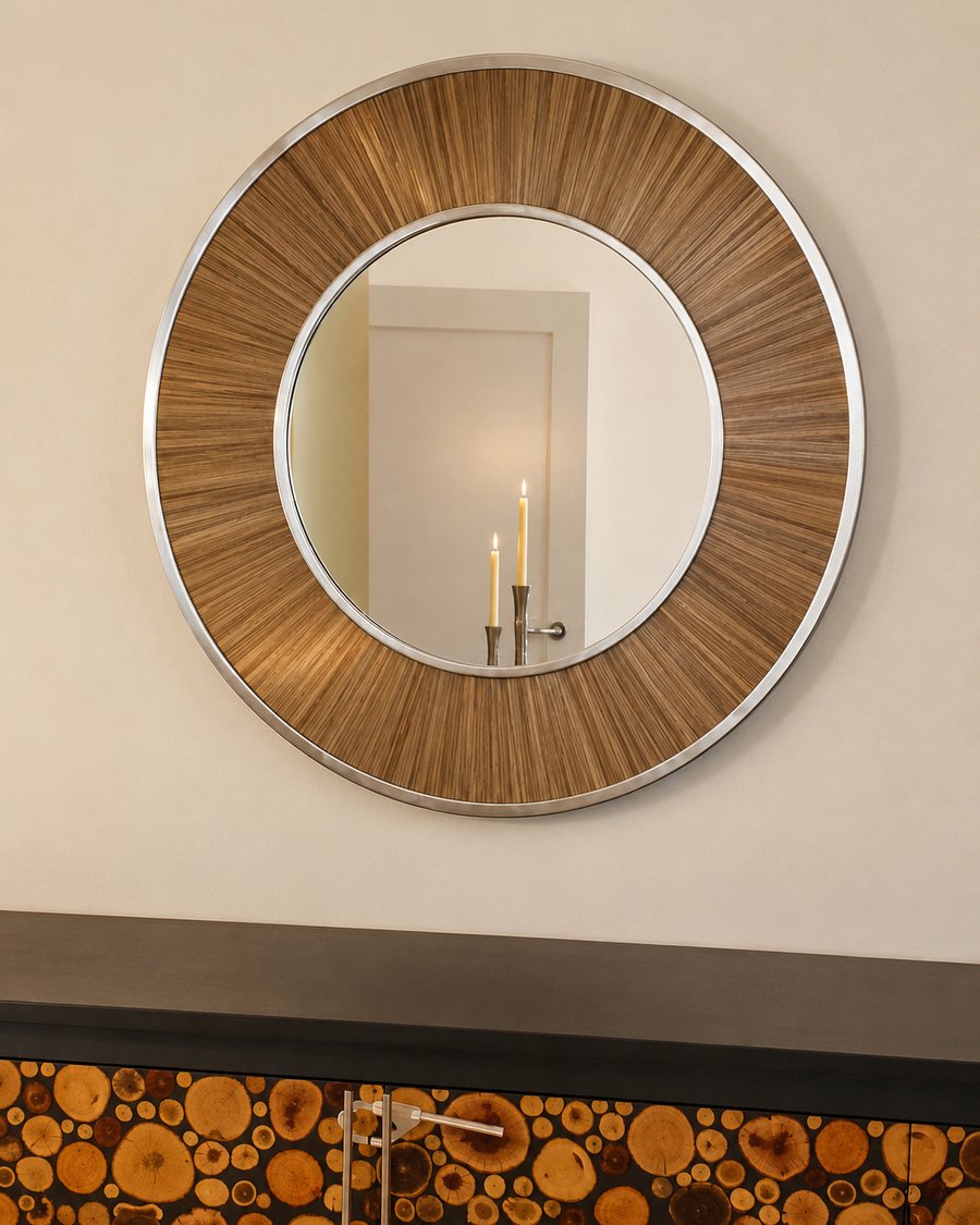 A round mirror framed in bronze sunburst straw marquetry above a wood-slice console