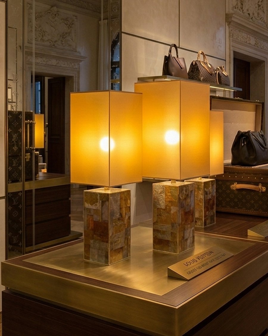 Three mica table lamps with amber shades glowing in a Louis Vuitton store in Venice